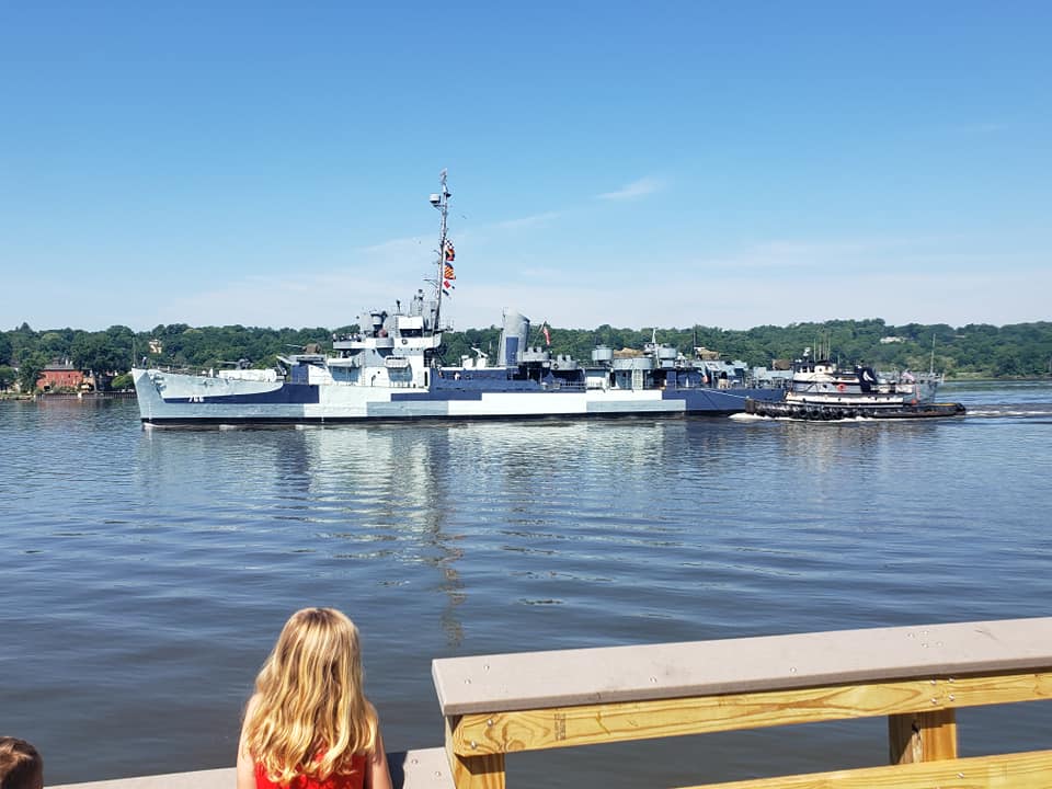 USS Slater as it passed by Ferry Road on Sunday, 7/5/2020 on it's way from Albany to NYC for repairs.  (Photo Credit: Ron Knott).