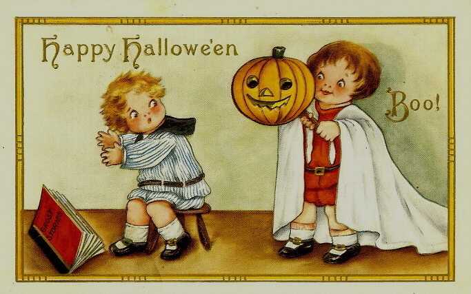 Vintage postcard of a boy in striped short pants sitting on a stool and a girl covered in a sheet holding a jack-o-lantern on a stick