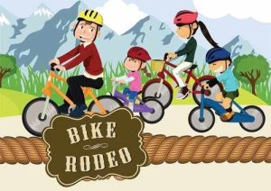 Cartoon graphic of a family of four riding their bicycles past a "Bike Rodeo" sign